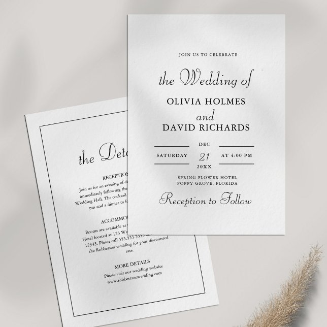 Convites Casamento Negro e Branco minimalista moderno (Modern Minimalist Black and White Wedding Invitation on white table with dry wildflower.)