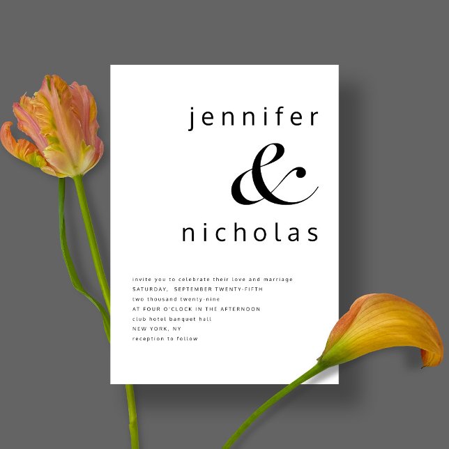 Convites Casamento Negro E Branco Moderno Elegante (Front / Black & White Simple Minimalist Typography Wedding Invitation)