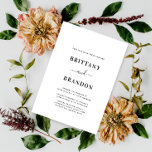 Convites Casamento Negro e Branco Moderno Minimalista<br><div class="desc">Convocação minimalista de Negra Moderna e Casamento Branco de Simon & Grace. Personalize com o nome e os detalhes do casamento do noivo e do noivo. Texto preto mostrado em branco com um fundo preto sólido. Todo o texto, fontes e cores podem ser personalizados por você usando as ferramentas fornecidas...</div>