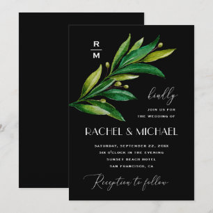 Convites Casamento negro e elegante. Verde aquarela