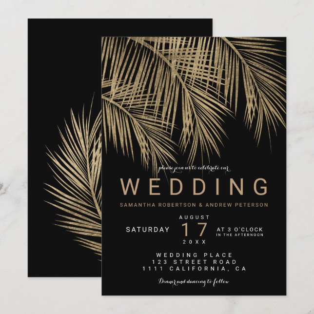 Convites Casamento negro elegante de palmeira de ouro falso (Frente/Verso)