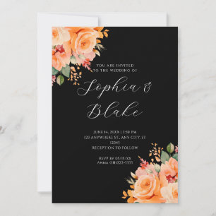 Convites Casamento Negro Elegante Floral Laranja bonito
