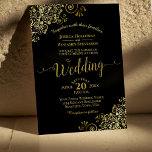 Convites Casamento Negro Elegante para Amigos Dourados<br><div class="desc">Este belo convite para o casamento apresenta um design simples,  mas elegante,  com uma caligrafia de escrita falada sobre fundo preto e um filigre de folha falsa de ouro frito nos cantos. A formulação é formal,  mas a disposição é moderna e na moda.</div>