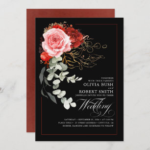 Convites Casamento Negro Eucalyptus, Flores Vermelhas Brilh