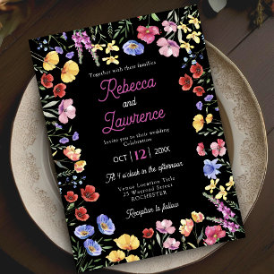 Convites Casamento negro floral de flores selvagens legante