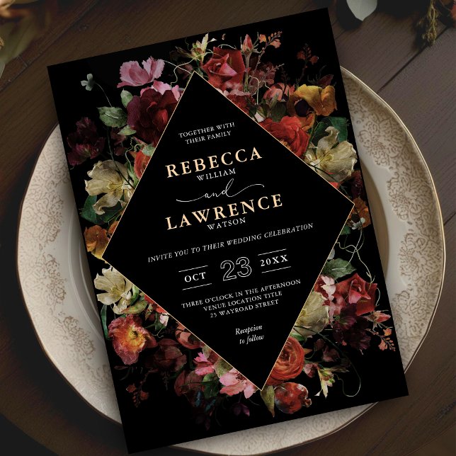 Convites Casamento negro floral elegante (Criador carregado)