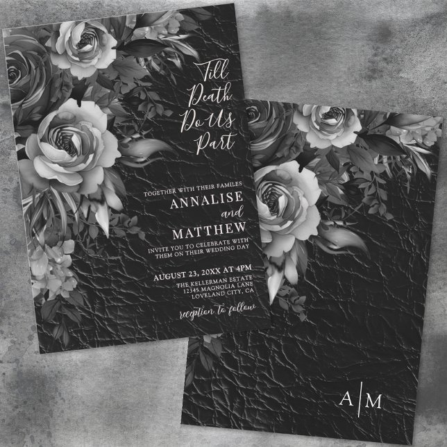 Convites Casamento Negro Floral Elegante Gótico (Gothic Elegant Floral Black Wedding Invitation)