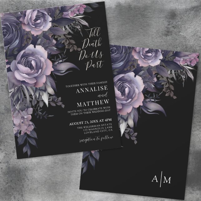 Convites Casamento Negro Floral Moderno Gótico (Modern Gothic Floral Black Wedding Invitation)