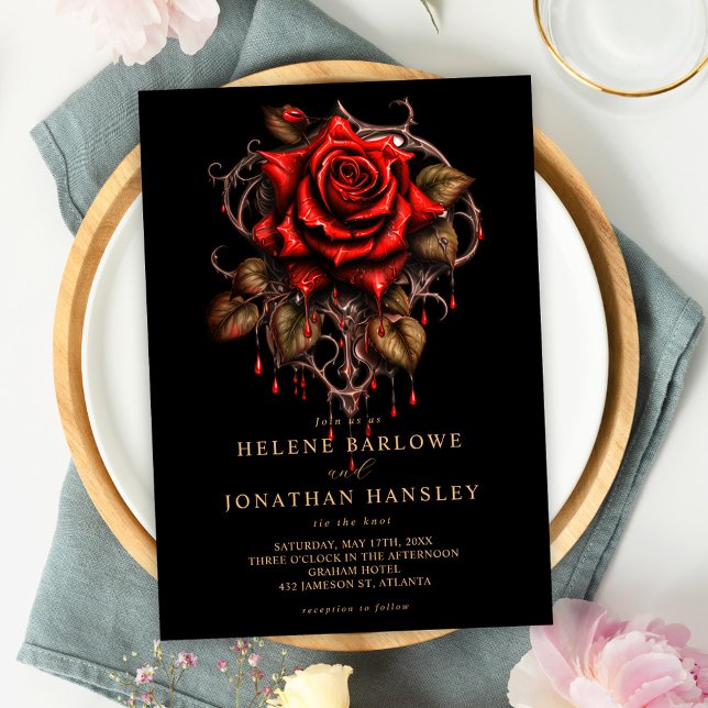 Convites Casamento Negro Floral rosa Gótico (Rose Gothic Floral Black Wedding Invitation)