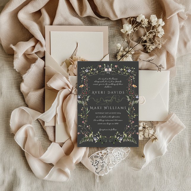 Convites Casamento Negro Floral Rustic Boho (Criador carregado)