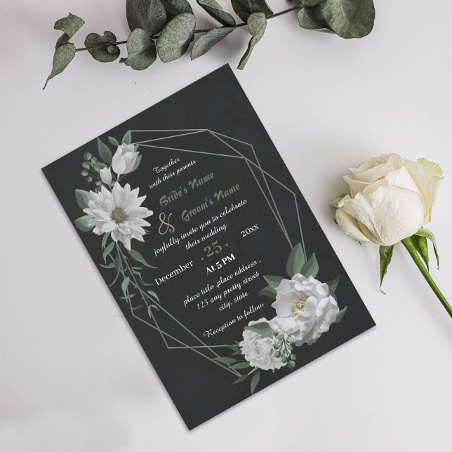 Convites casamento negro geométrico de flores brancas român (Criador carregado)
