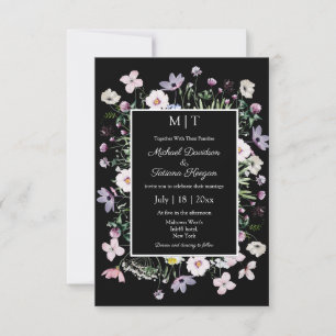 Convites casamento negro moderno com flores silvestres