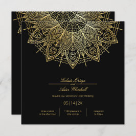 Convites Casamento Negro Simples de Mandala Dourado Elegant