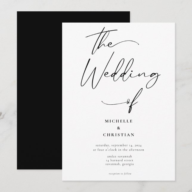 Convites Casamento Negro Sólido da Caligrafia Moderna (Frente/Verso)