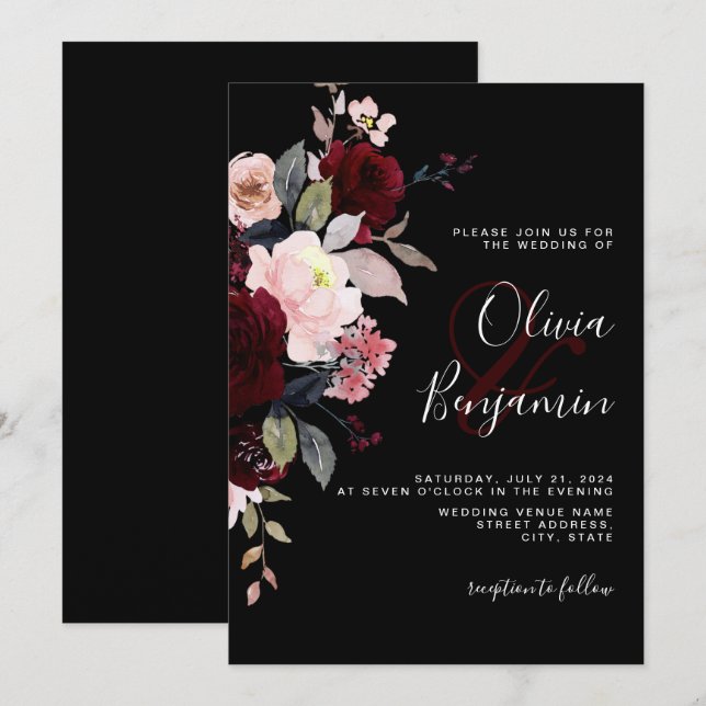 Convites Casamento Negro Turvo de Borgonha Negra Floral Ele (Frente/Verso)