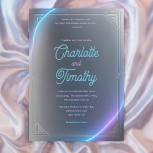 Convites Casamento Neon Elétrico Moderno Azul Cinza Roxo