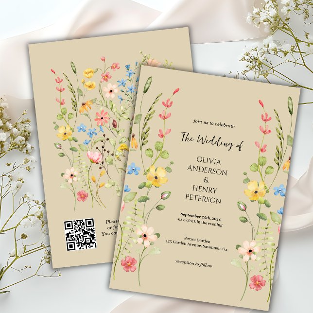 Convites Casamento Neutral do Código QR do Jardim de Flores (Criador carregado)