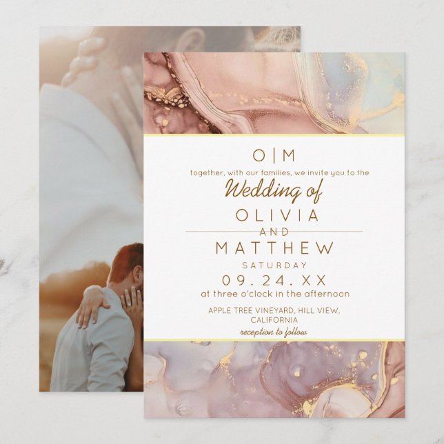 Convites Casamento Neutro de Fotografia com Agato Suave Mod (Frente/Verso)