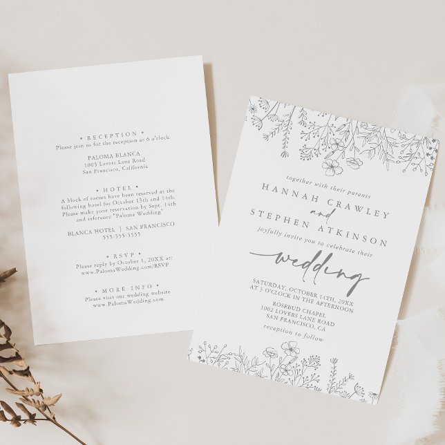 Convites Casamento Neutro de Frente de Flor Selvagem (Criador carregado)