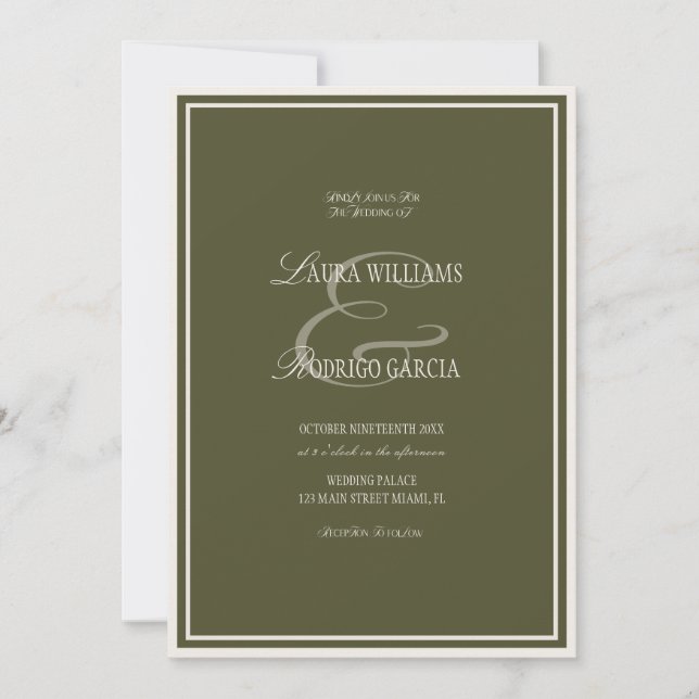 Convites Casamento Neutro Dinheiro Antigo Verde Oliva (Frente)