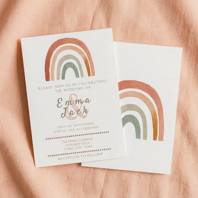 Convites Casamento neutro do arco-íris com tons macios (Neutral rainbow boho soft tones wedding invitation.)