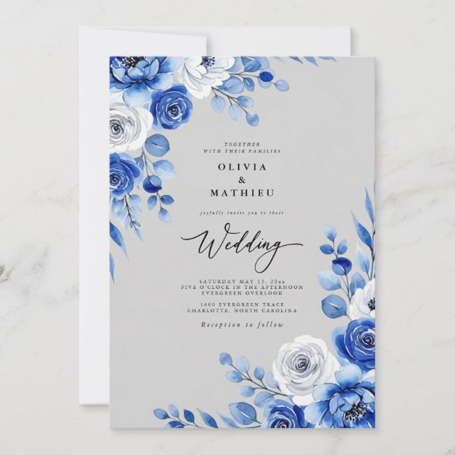 Convites Casamento Nevado com Aquarela Azul Real (Frente)