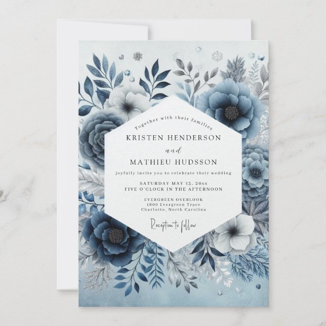 Convites Casamento Névoa Flora Azul Aço (Frente)