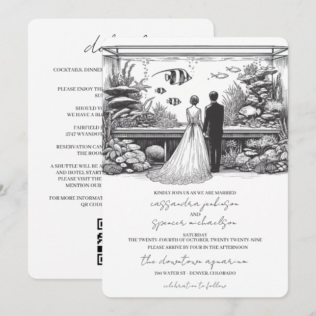 Convites Casamento no Aquário com Detalhes e QR (Frente/Verso)