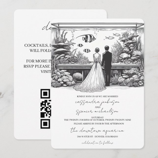 Convites Casamento no Aquário com QR Code (Frente/Verso)