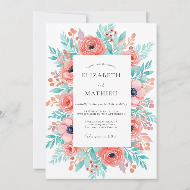 Convites Casamento no Bosque Floral Coral (Frente)