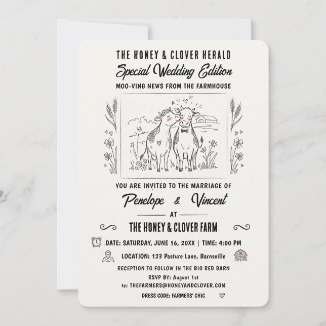 Convites Casamento no Campo com Vacas Beijando (Frente)