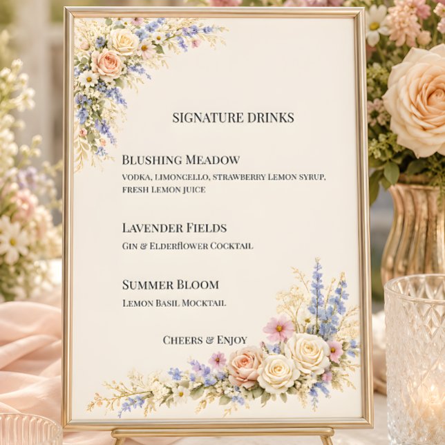 Convites Casamento no Campo de Flores Silvestres de Luxo (Part of the luxury wildflower meadow wedding theme collection, signature drinks menu)