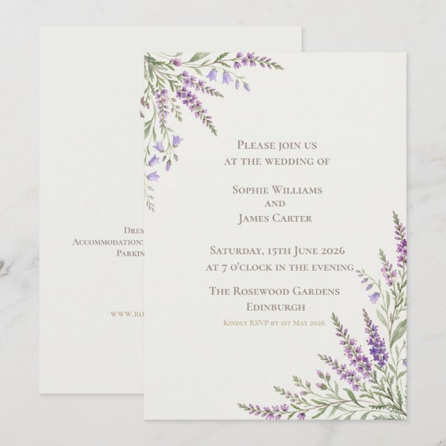 Convites Casamento no Canto de Lavanda com Sinbélgica Escoc (Frente/Verso)