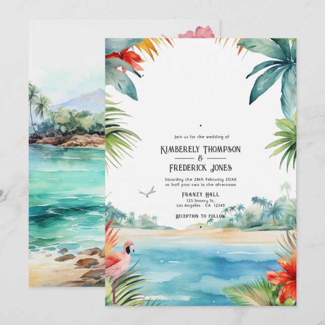 Convites Casamento no Caribe com aguarela (Frente/Verso)