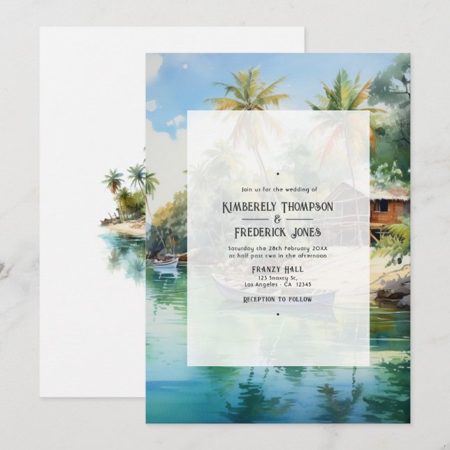 Convites Casamento no Caribe com Aquarela (Frente/Verso)