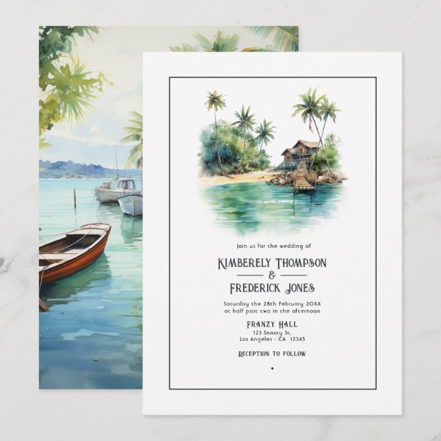 Convites Casamento no Caribe com Aquarela (Frente/Verso)