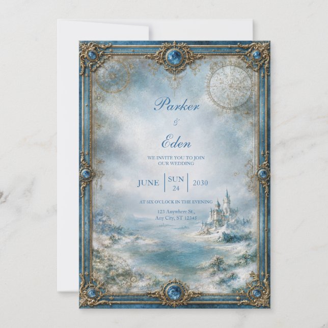 Convites Casamento no Castelo Azul Geado (Frente)