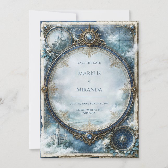 Convites Casamento no Castelo Celestial Azul (Frente)