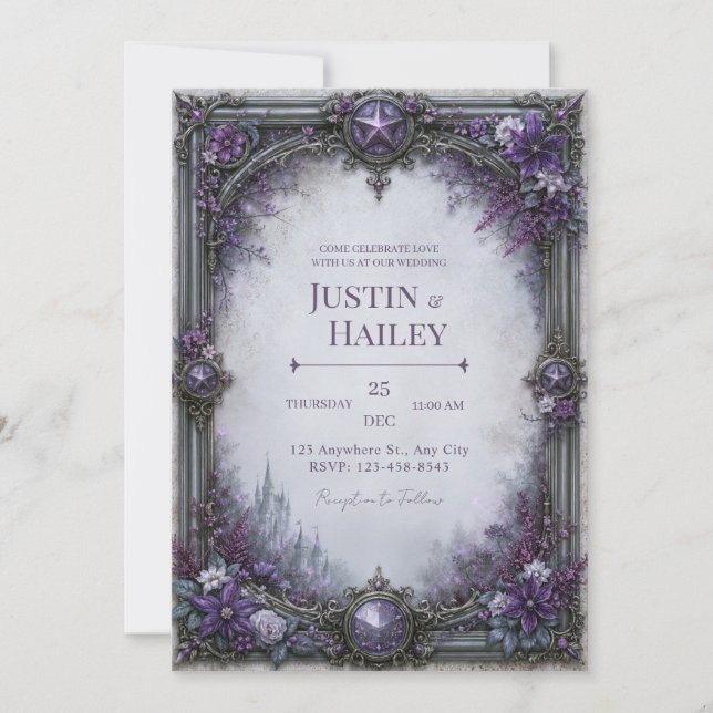 Convites Casamento no Castelo Gótico Roxo (Frente)