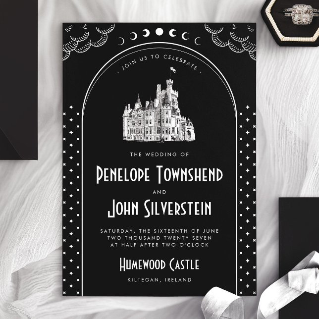 Convites Casamento no Castelo Preto e Branco Art Déco Gótic (Gothic Art Deco Black White Castle Wedding Invitation)