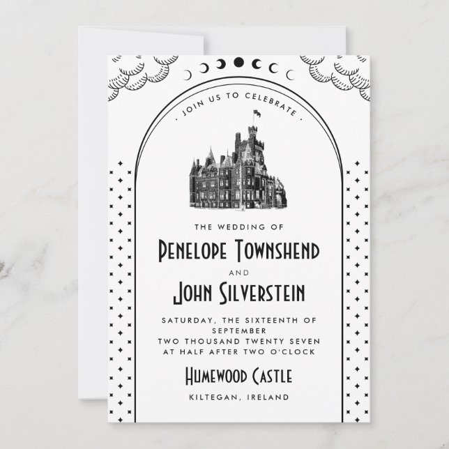 Convites Casamento no Castelo Preto e Branco Art Déco Gótic (Frente)