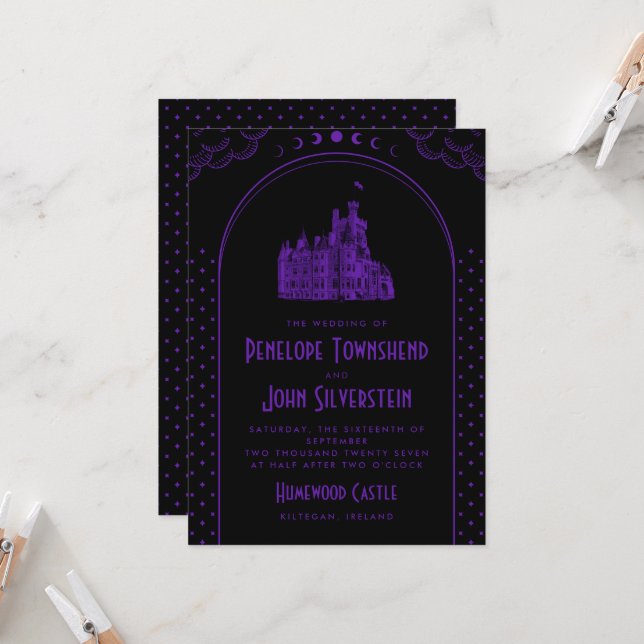 Convites Casamento no Castelo Preto Roxo Art Déco Gótico (Frente/Verso In Situ)