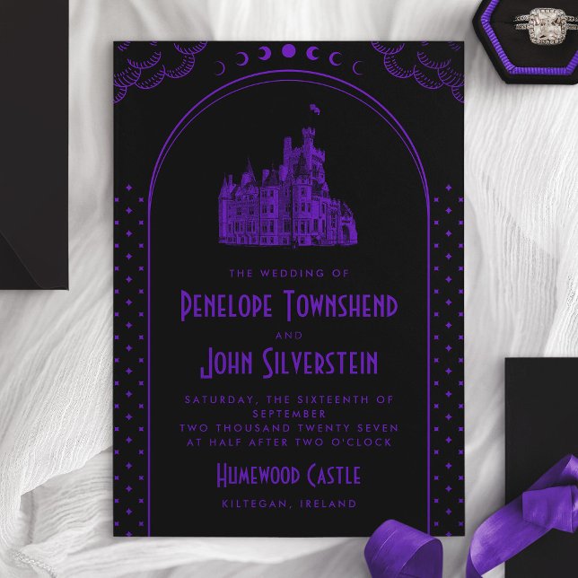 Convites Casamento no Castelo Preto Roxo Art Déco Gótico (Gothic Art Deco Purple Black Castle Wedding Invitation)