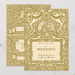 Convites Casamento no Castelo Real Vintage Dourado Medieval
