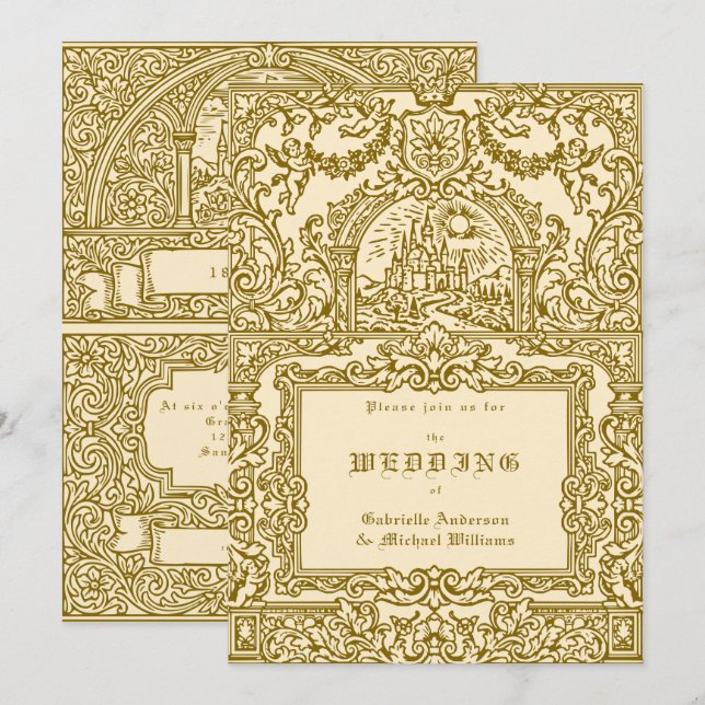 Convites Casamento no Castelo Real Vintage Dourado Medieval (Frente/Verso)