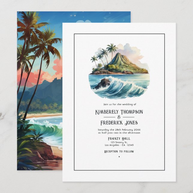 Convites Casamento no Destino Havaí com Aquarela (Frente/Verso)