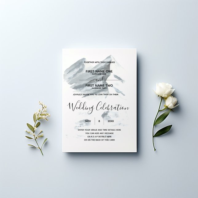 Convites Casamento no inverno (Serene watercolor mountain landscape in soft, muted grey tones wedding invitation.)