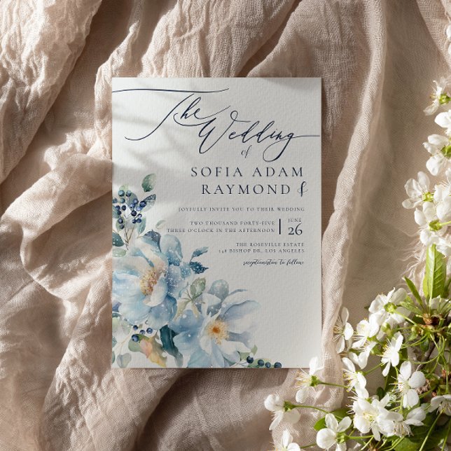 Convites Casamento no inverno Azul de Aquarela (Criador carregado)