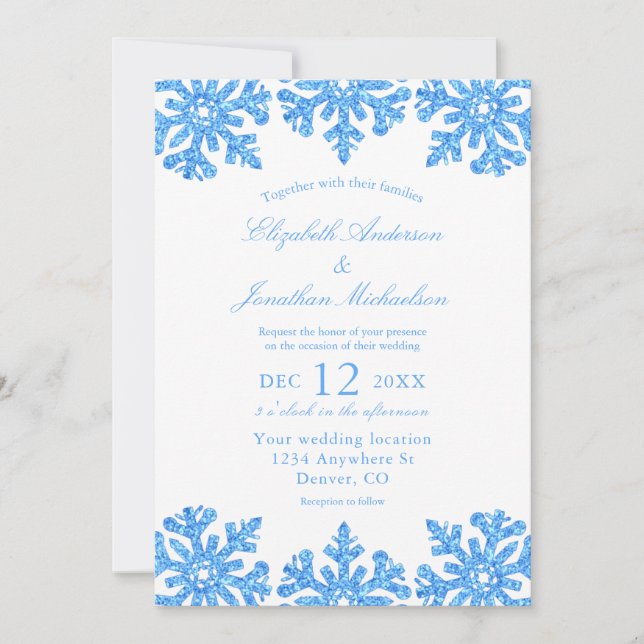 Convites Casamento no inverno Azul Floco de Neve (Frente)