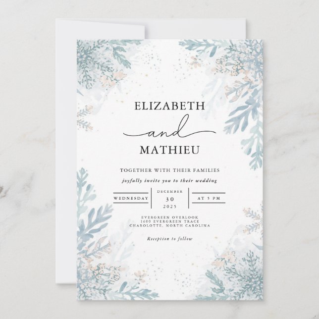 Convites Casamento no inverno Botânico de Frost Azul Elegan (Frente)